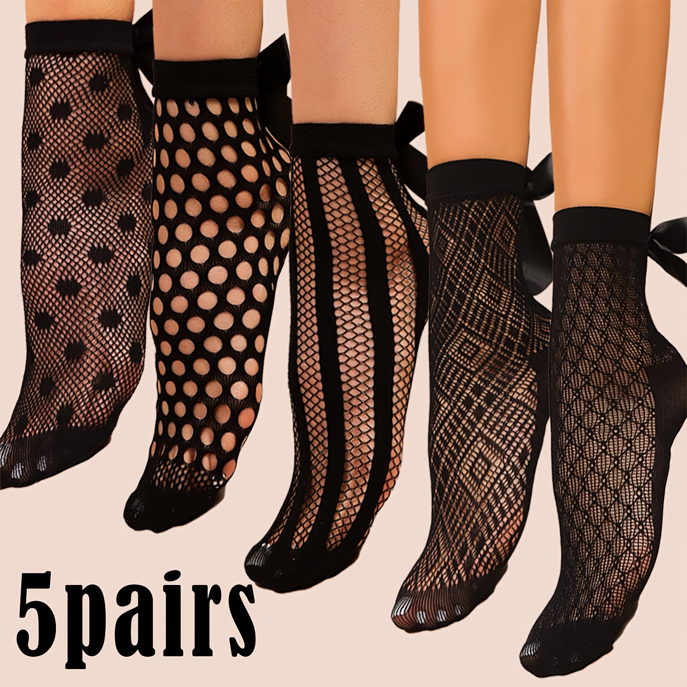 TEMU 5 Paires de Chaussettes Courtes en Dentelle pour Femmes, Chaussettes à Carreaux Rayés pour Femmes, Chaussettes Courtes à Nœud 3D
