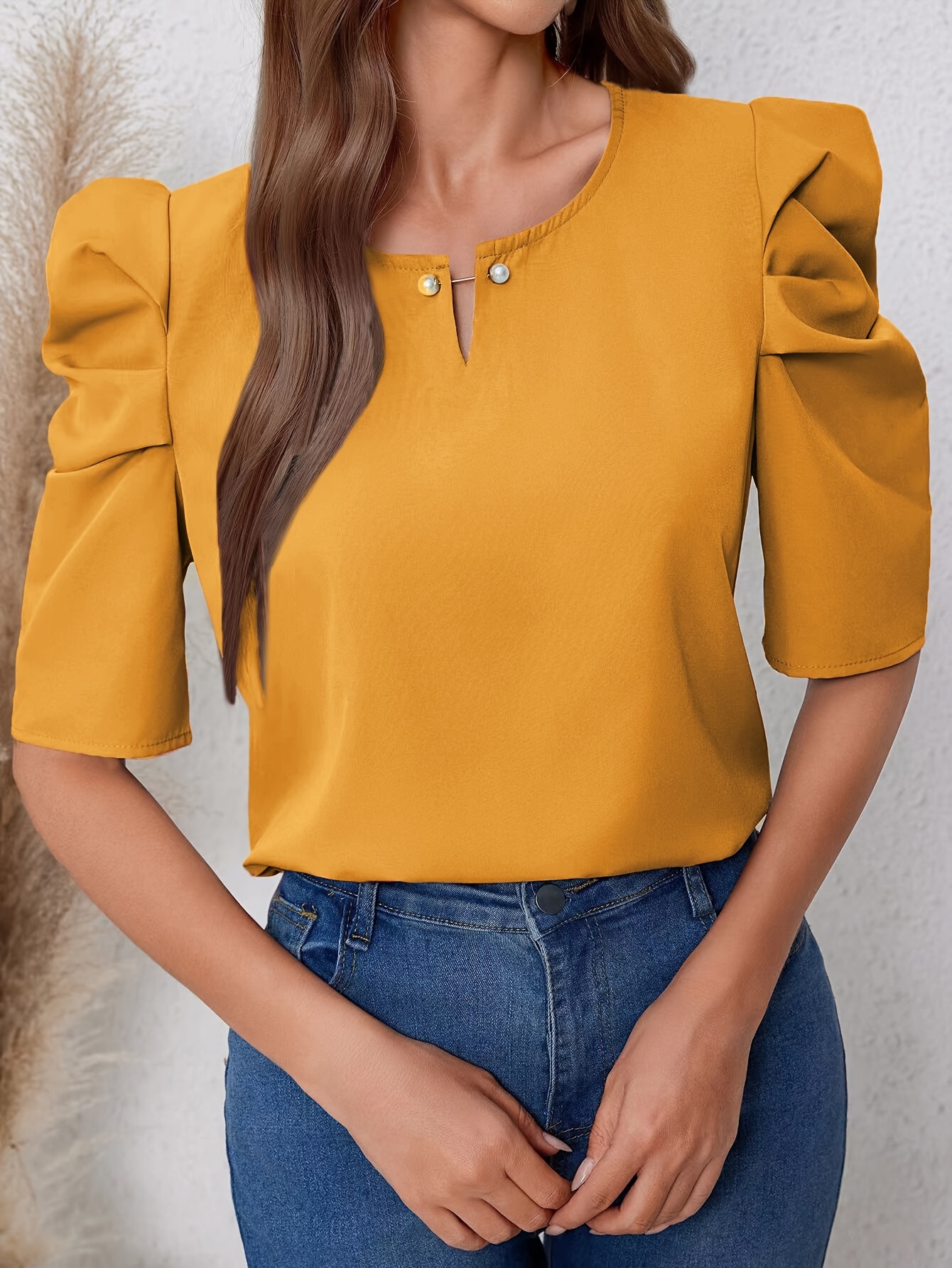 6924 mustard yellow womens elegant puff sleeve blouse summer