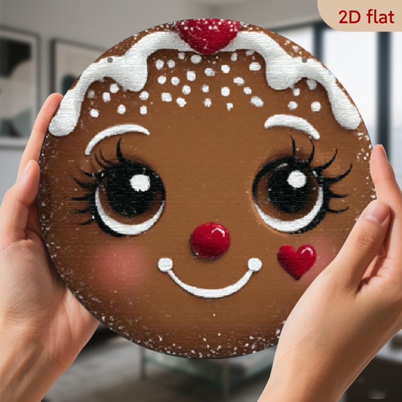 TEMU 2d Flat, 1pc Gingerbread Face Metal Wall Sign - 8x8 Inch Round Retro Icing Details & Design, Durable Aluminum Christmas Wreath Centerpiece For