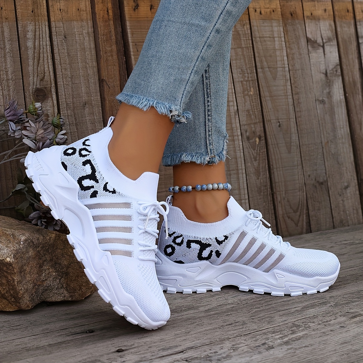 Image of [everyday ] Women's Leopard Athletic Sneakers - Breathable Knit Low-top Running Shoes, Lightweight & Comfortable Lace-up, Ideal For Outdoor Activities Like Running, Fitness, Shopping, And Sports