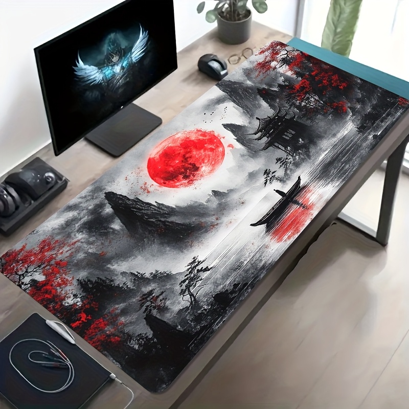 TEMU 1pc Large-sized Mouse Pad With A Red Moon Landscape Ancient-style Ink Wash Painting Design, Featuring A Non-slip, Washable Rubber Base. This