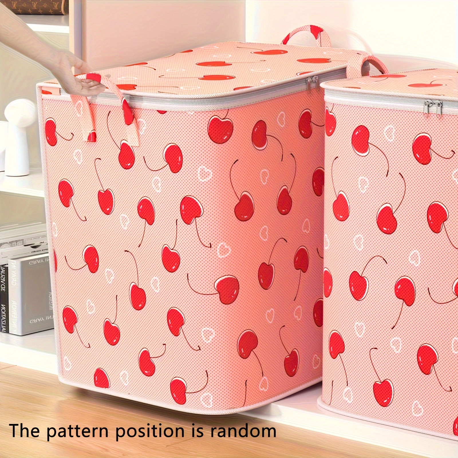 

1pc, Cherry Pattern Storage Bag With Handle, Non-woven Zipper, Dust-proof, Large Capacity Organizer (various Sizes)