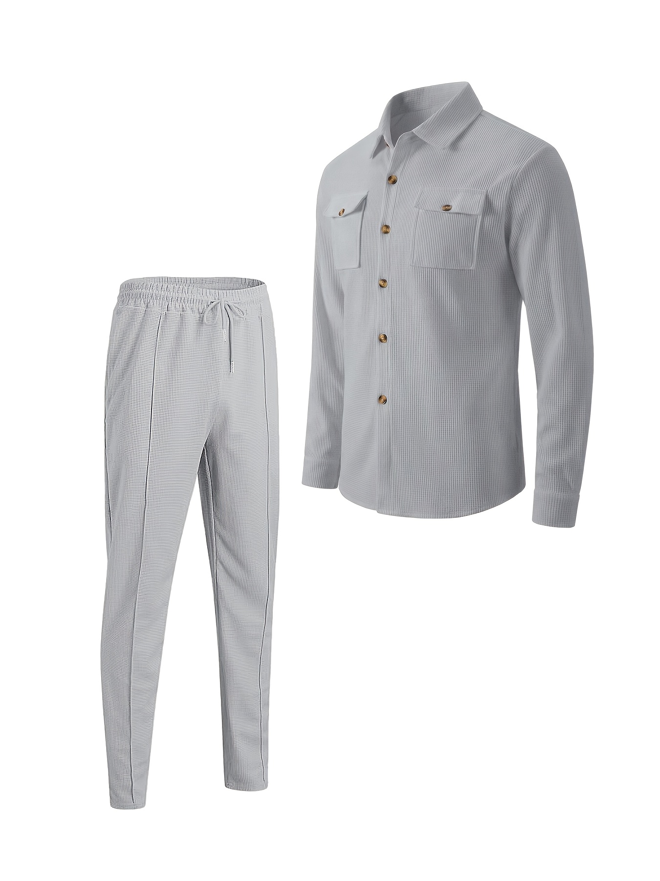 Conjunto Casual de Waffle para Hombre para las Cuatro Estaciones | Camisa Abotonada con Cuello Solapa, Bolsillo Doble en el Pecho, Manga Larga, Pantalones Largos, Conjunto de Dos Piezas, Ropa Versátil para Exteriores, Ligero, Sin Arrugas, Portátil - Imagen 10
