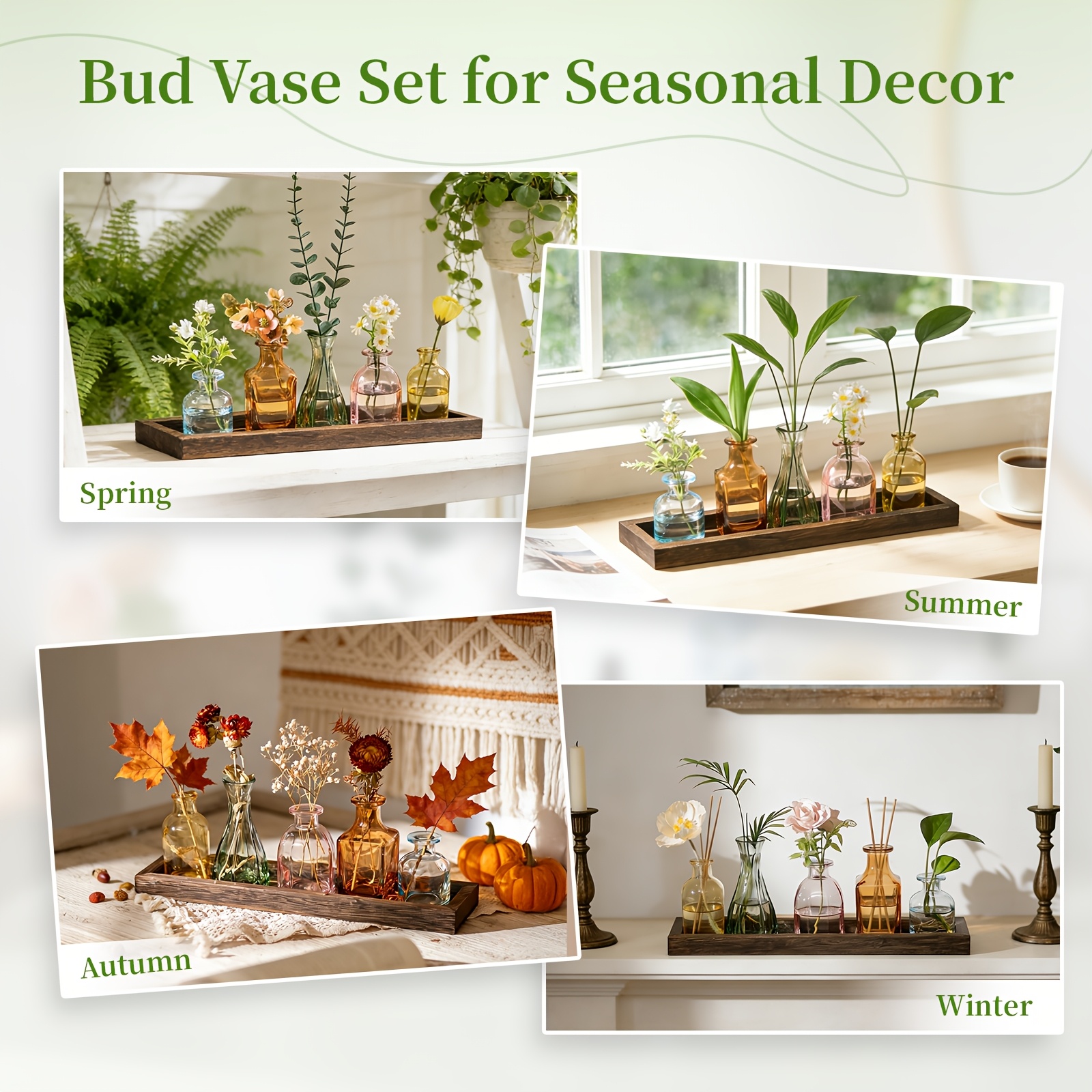 Small Vases for Table Decoration: 5 Coloured Mini Bud Vases with Wooden Tray for   Room Dining Table Centrepiece Decor - Glass Flower Vases Set for Birthday
