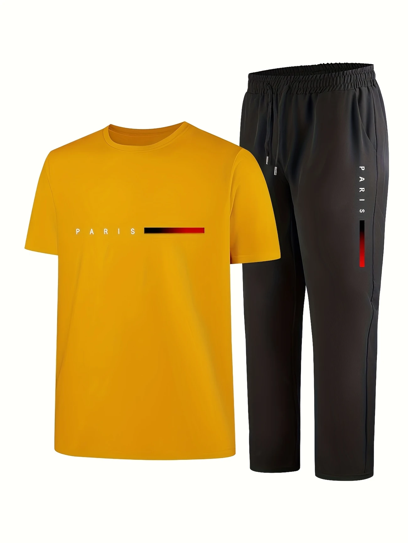 mens casual sports two piece set short sleeve top straight leg pants with paris print fashionable and trendy ideal for summer parties casual and everyday wear short sleeve top print trousers details 3