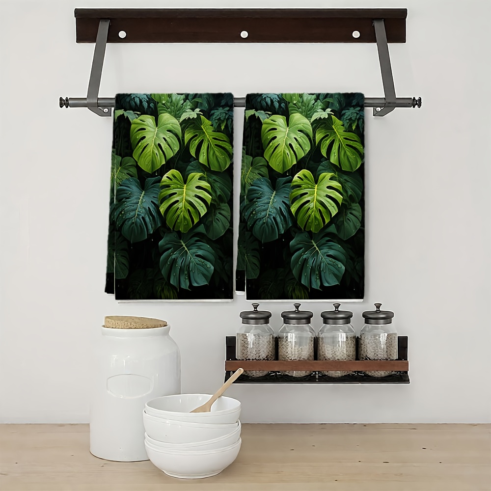 TEMU A Set Of Towels Featuring A Design Of Green Leaves Against A Black Backdrop, Lightweight, Absorbent, Soft, And Comfortable. Dry Quickly And Are