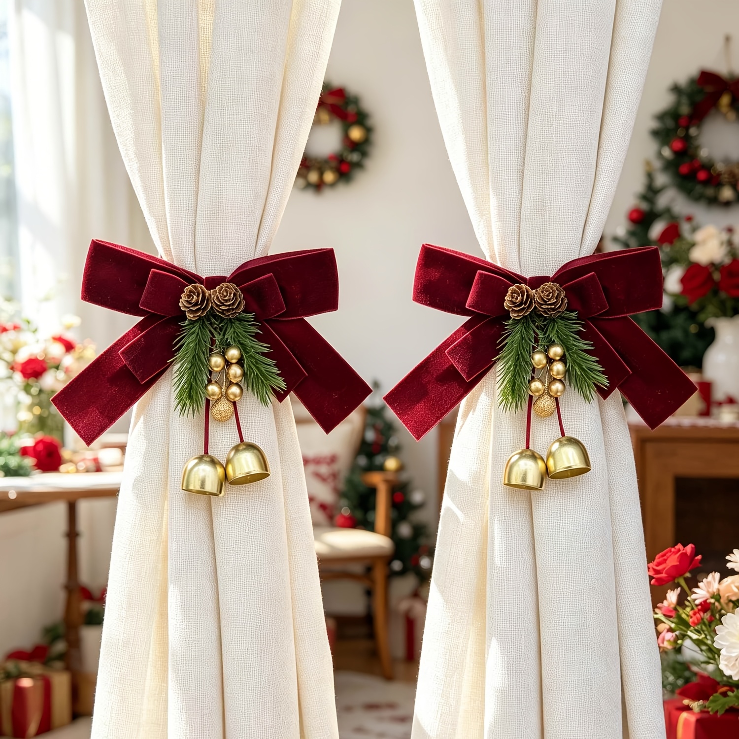 TEMU 2pcs Christmas Red Curtain Tie-backs, Curtain Tie-back Additions, Red Bow, , Golden Small Bell Decoration, Suitable For Living Room, Kitchen,