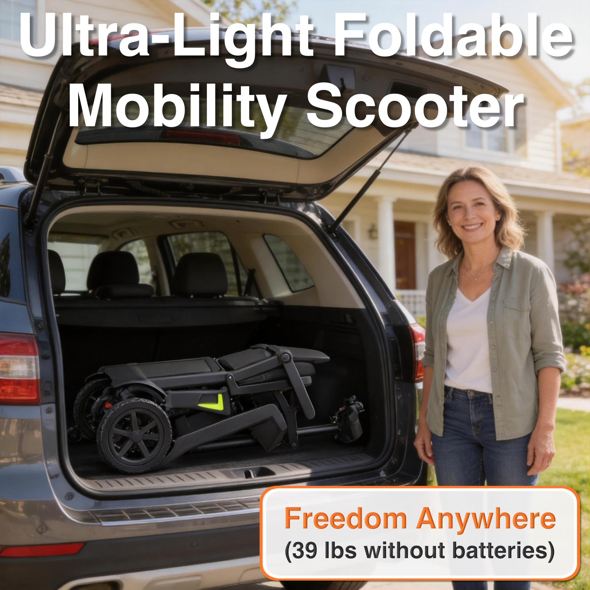 a lightweight foldable four wheeled electric mobility scooter suitable for seniors and adults   with dual removable batteries meeting air travel   offering a long range and a   of 5 mph Product details 4