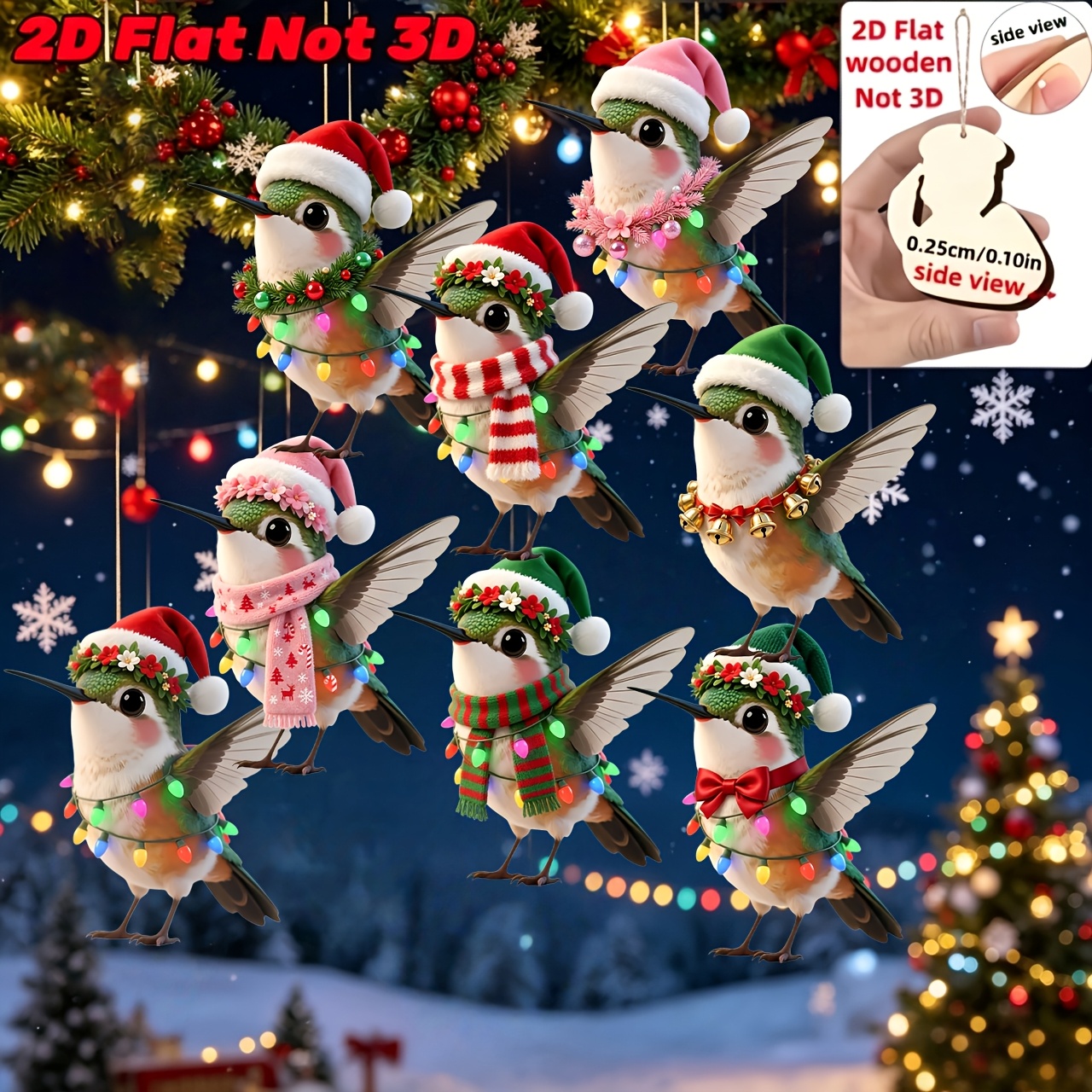 TEMU 2d Flat, 8pcs Christmas Hummingbird Wooden Ornament Set, Designs Of Hummingbirds Wearing Different Christmas Decorations And Wreaths, Christmas