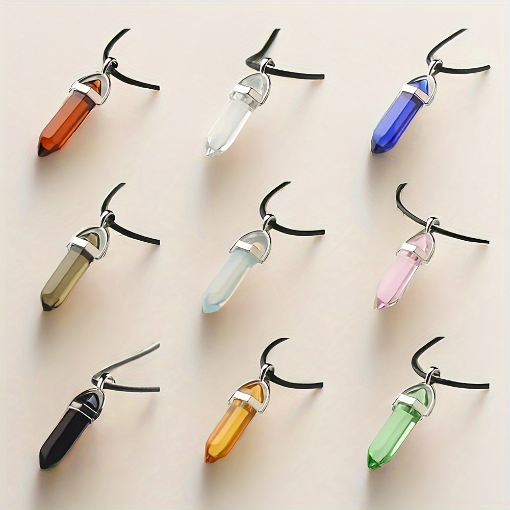 

1pc Crystal Hexagonal Column Pendant Natural Stone Pendant + Hexagonal Column Leather Rope For Necklace Jewelry Gift (9 Colors Available)