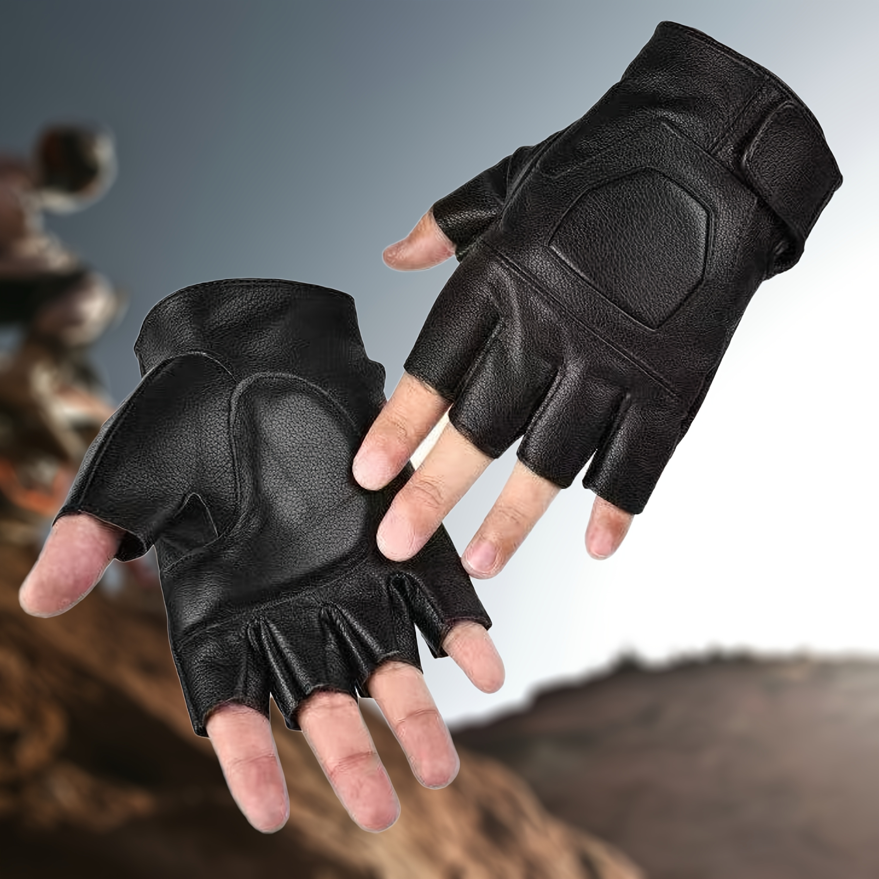 E-shop 1 Paar Halbfinger-Fahrhandschuhe aus reinem Schafleder, mit verdickter Handfläche und Verschlussdesign - Hergestellt aus hochwertigem Schafleder