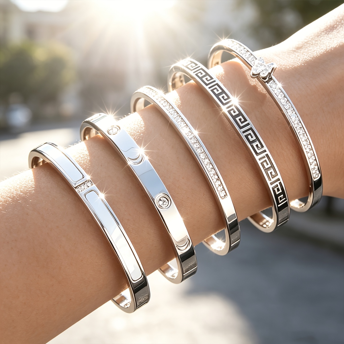 Stainless Steel Open Bangle Bracelet, Elegant White Element Design