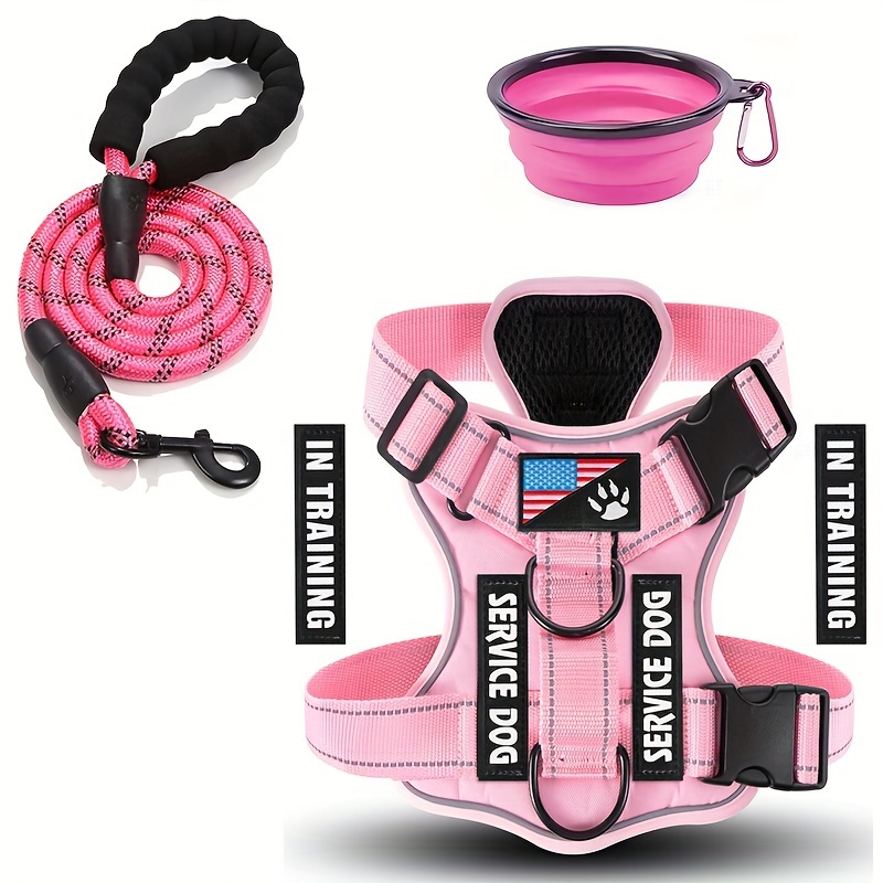 

Reflective Service Dog Vest Harness With Leash & Portable Bowl - Polyester Fiber, Adjustable Soft Oxford Pet Harness With 5 Patches & Hand Wash Only - No Battery Required - For Small To Large Dogs