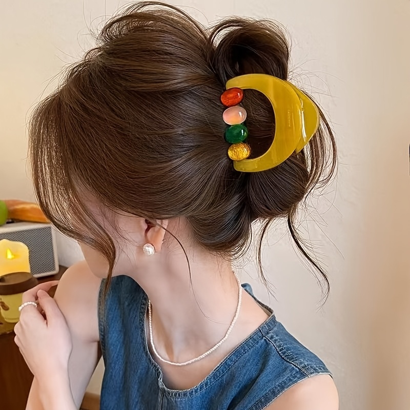 TEMU Vintage Colored Beaded Round Clip For Women, High-end Shark Clip, 2026 New Style Updo Hair Clip, Versatile Hair Accessory For The Back Of