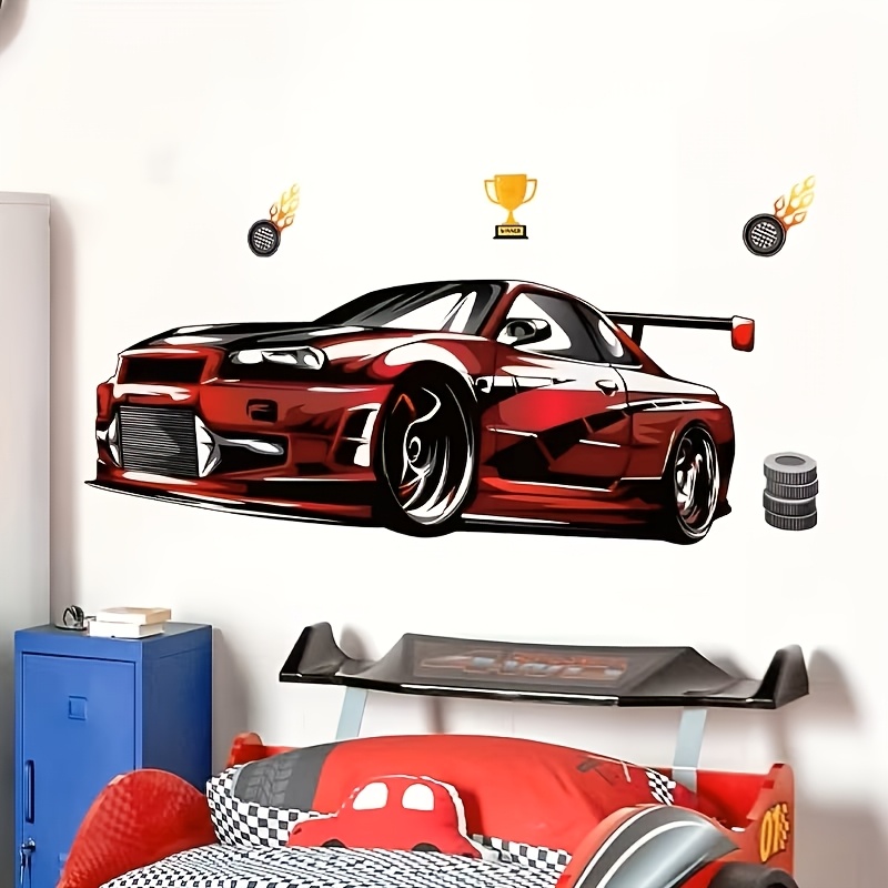 Image of 1pc Car Wall Decal - Self-adhesive Pvc Sticker, Suitable For Living Room, Bedroom, Dining Room, Or Study - Vibrant With Checkered Flag And Trophy Patterns - And Remove, Car Decoration, Home Decor
