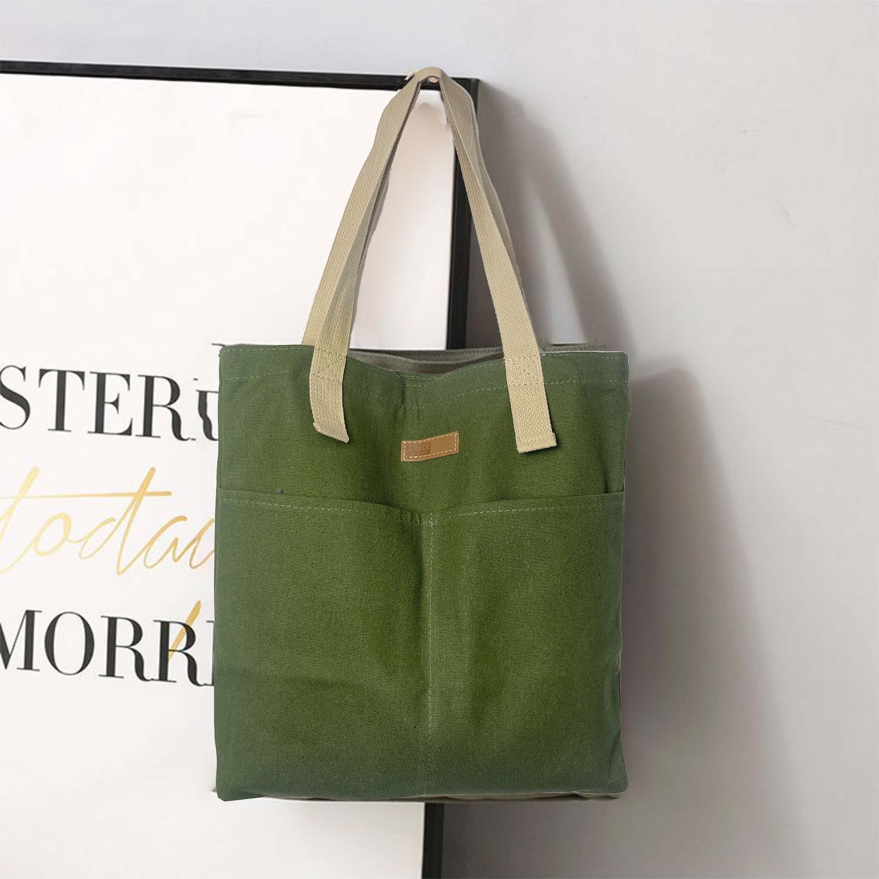 TEMU Canvas Tote Bag For Women - 1 Pcs Olive Green, Beige, Black - Zipper Closure, Hand Washable, Resistant, Foldable, Lightweight, Reusable Shopping Bag For Daily Use, Ideal Gift For And Librarians