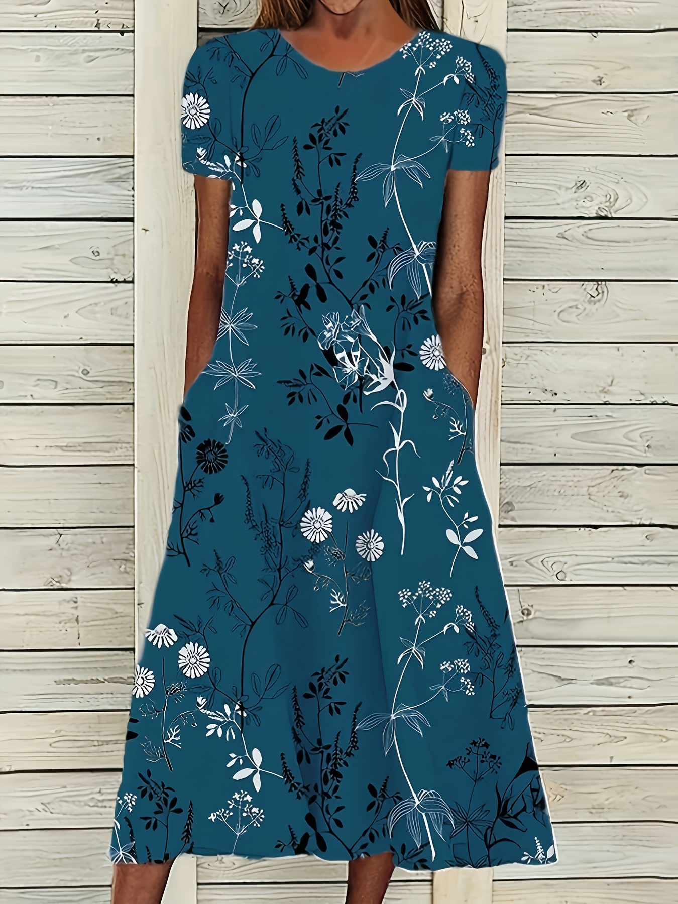 floral print crew neck dress elegant short sleeve a line dress for spring summer womens clothing blue 0