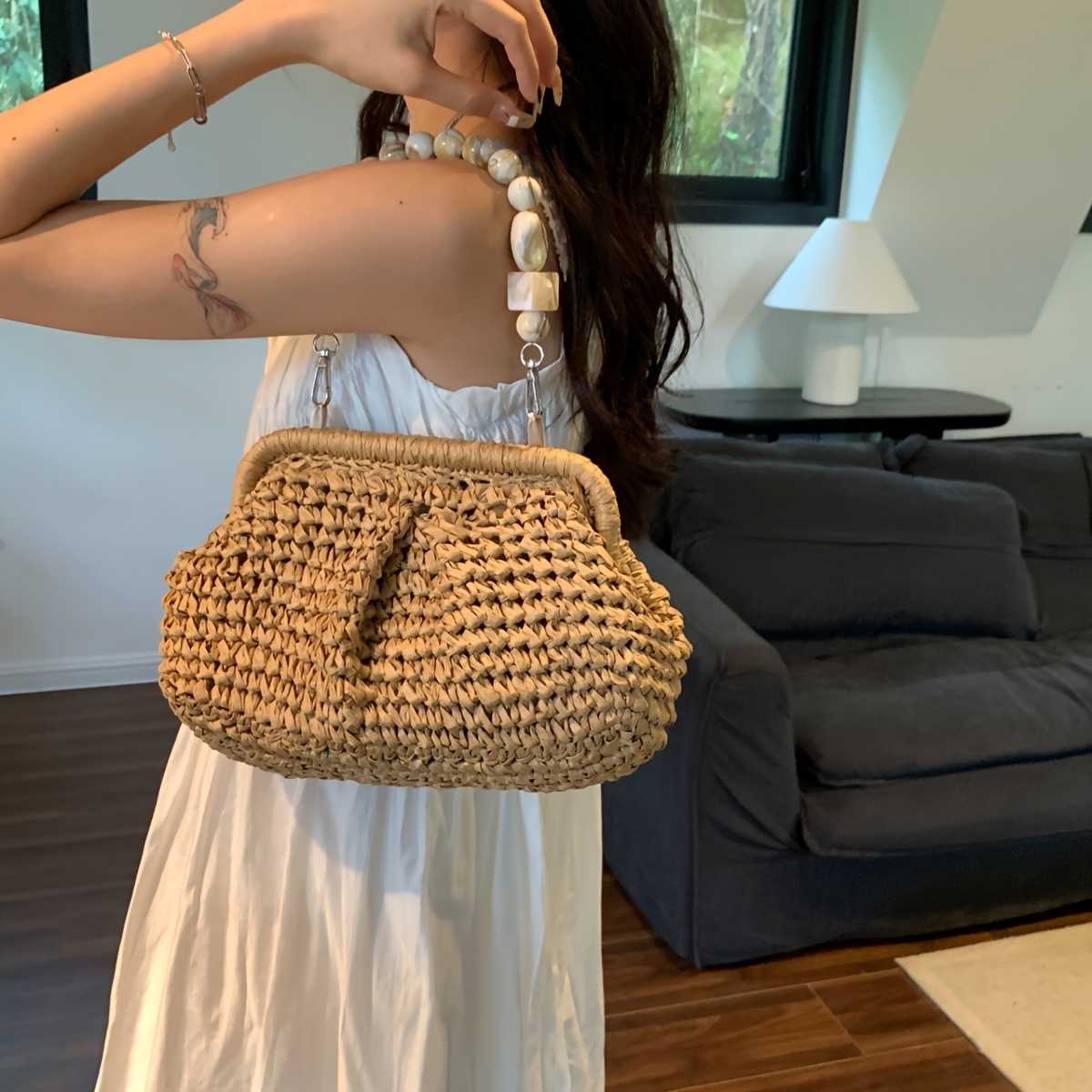Solid Color Straw Woven Fabric Beach Travel Versatile Women's Shoulder Bag Trendy And Easy