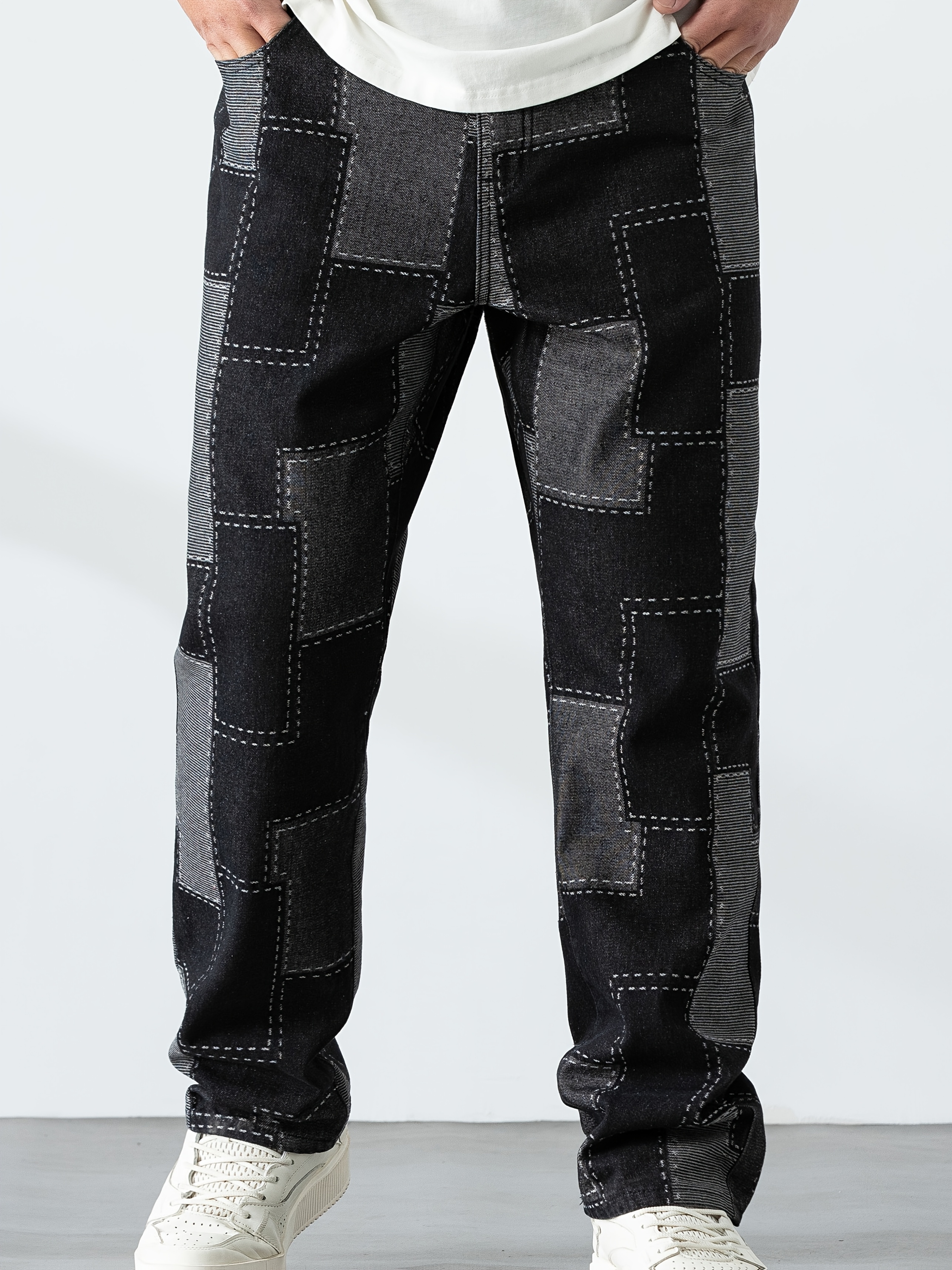 Men's Casual Checkered Straight-Leg Denim Pants - Loose Fit, Blend, Geometric Pattern, All-Season Wear, PLUS SIZE