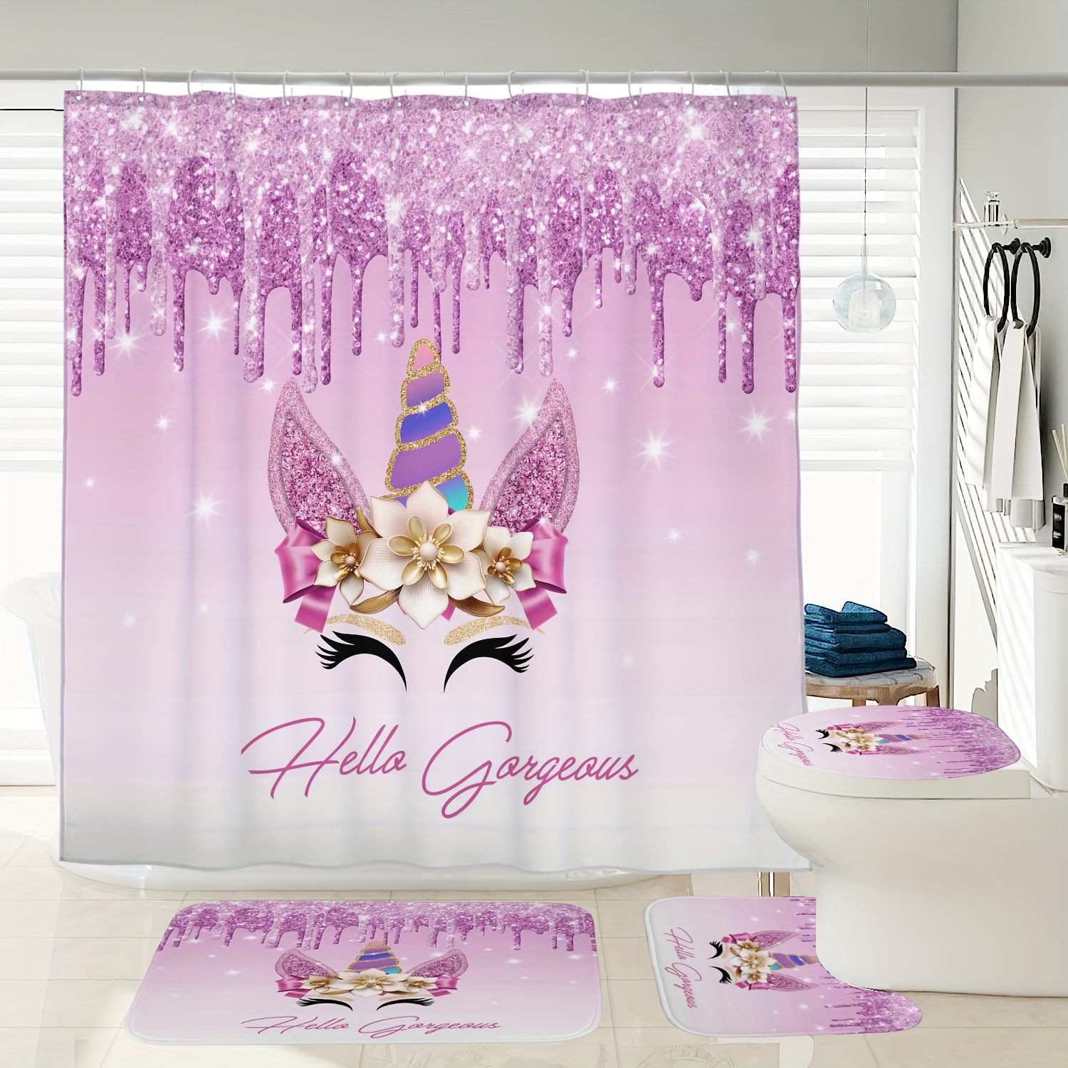 

1/4pcs Flower Unicorn Printed Shower Curtain Set, Shower Curtain With 12 Hooks, Non-slip Bathroom Rug, Toilet U-shape Mat, Toilet Lid Cover Pad, Bathroom Decor