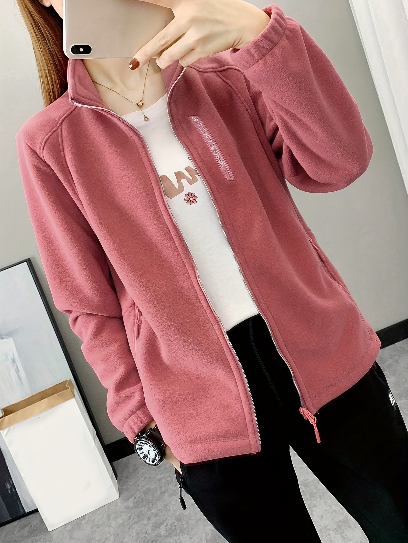 Solid Color Outdoor Sweatshirt Jacket Long Sleeves Keep Warm - Temu