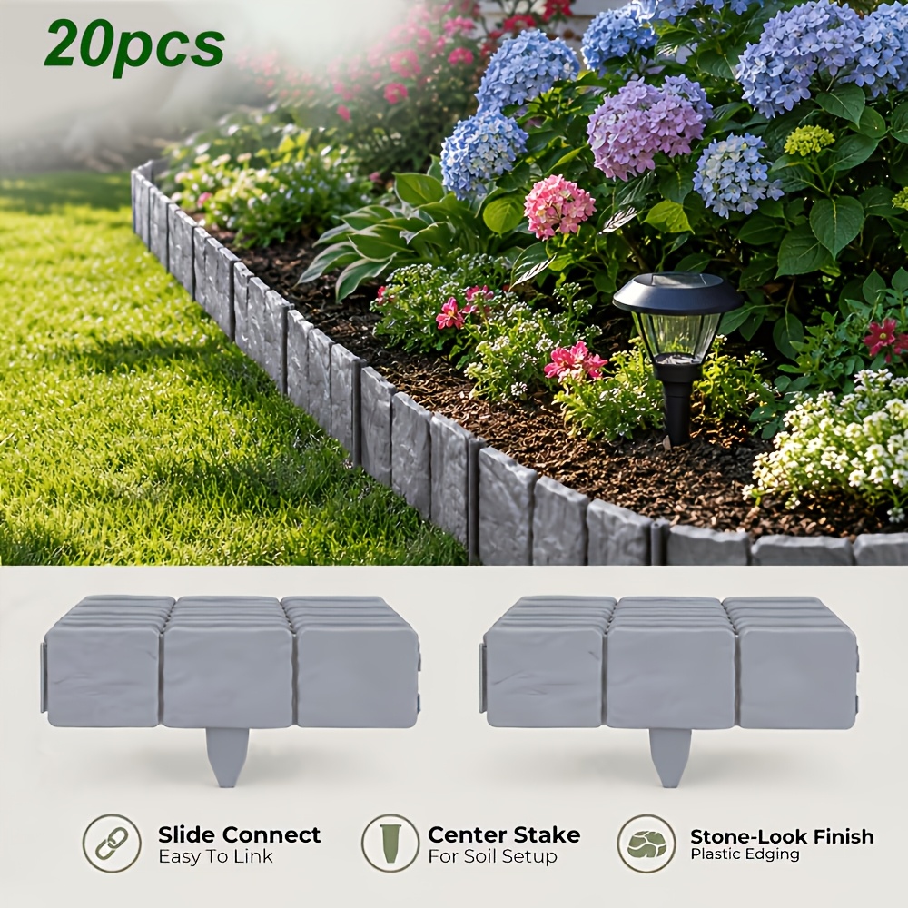 Image of Pmmj 20pcs Grey Stone-effect Plastic Garden Fence, Weather Resistant Pp Garden Edging, Foldable Border, Simple Assembly For Flower Beds, Lawns, Patios & Vegetable Gardens
