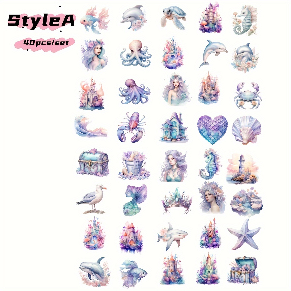 Image of 40pcs Vintage & Mermaid Themed Sticker Set - Handmade Journal & Decor, Reusable Stickers With , Seashells, Castles For Diy Albums, Notebooks & Crafts, Mermaid Party Decorations