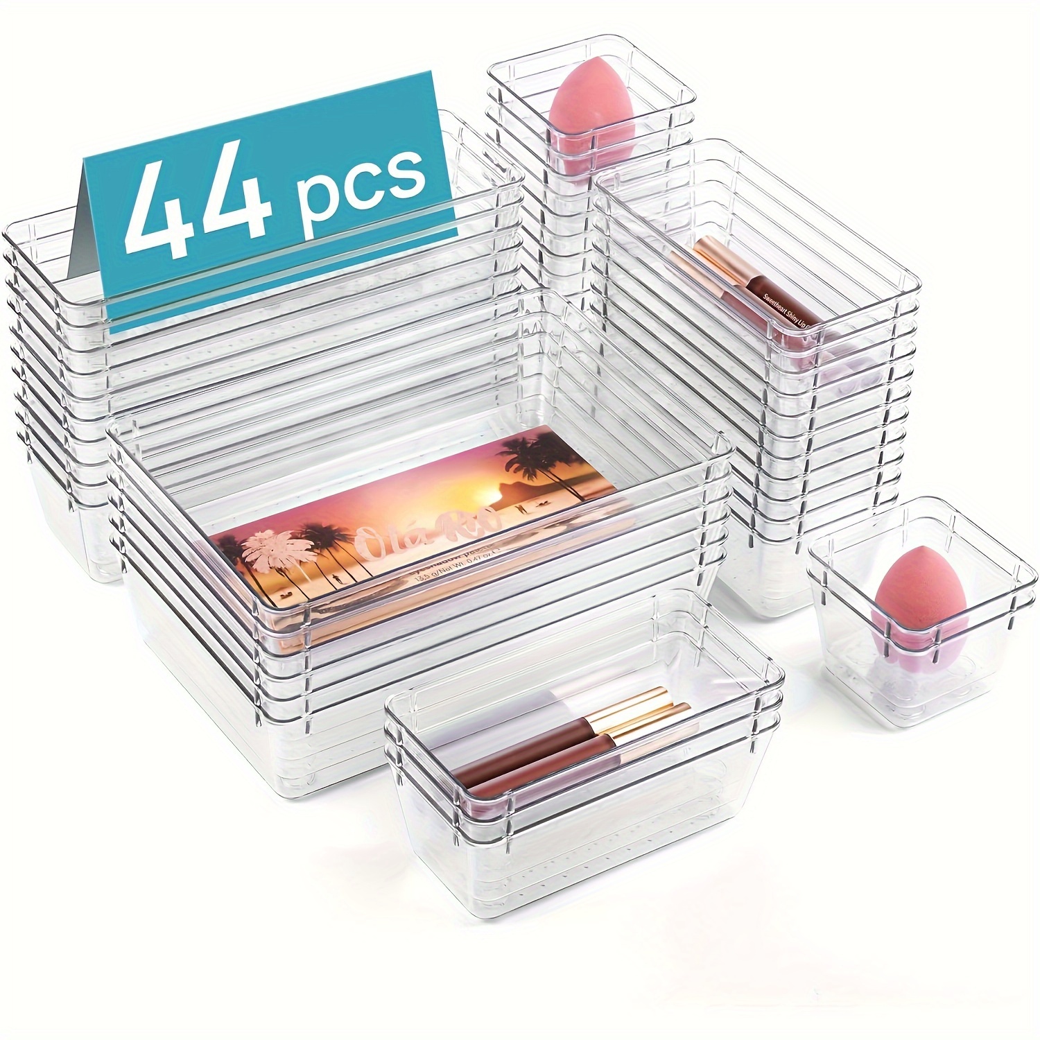 

44pcs Clear Plastic Drawer Organizers Set, 4-size Bathroom And Vanity Organizer Trays, Non-slip Storage Containers For Makeup, Jewelries, Bedroom, Kitchen Utensils And Office, Home Storage Supplies