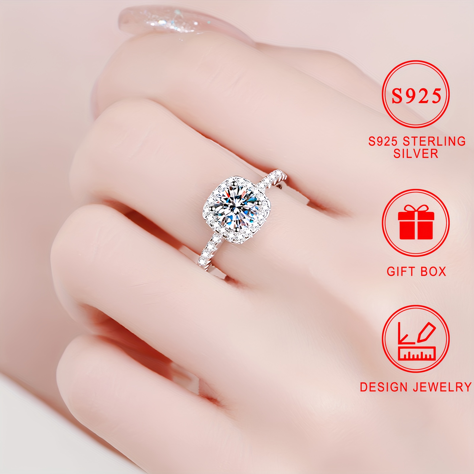 925 Silver CZ Engagement Ring, 4-Prong Setting, No Plating