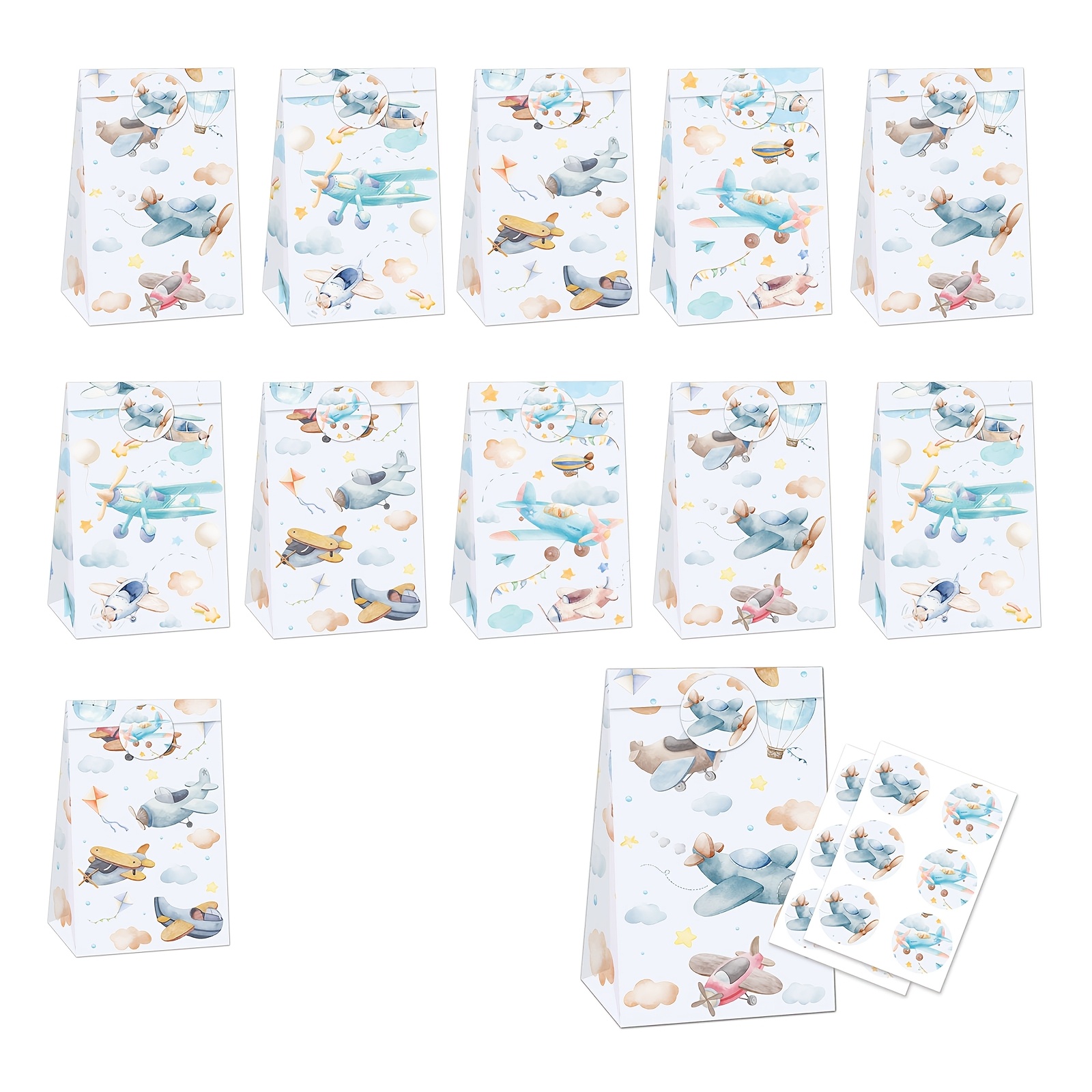 TEMU Airplane Party Paper Bags, 12 Vintage Airplane Paper Bags + 12 Cartoon Airplane Stickers, Propeller Small Airplane Party Supplies, Aerospace