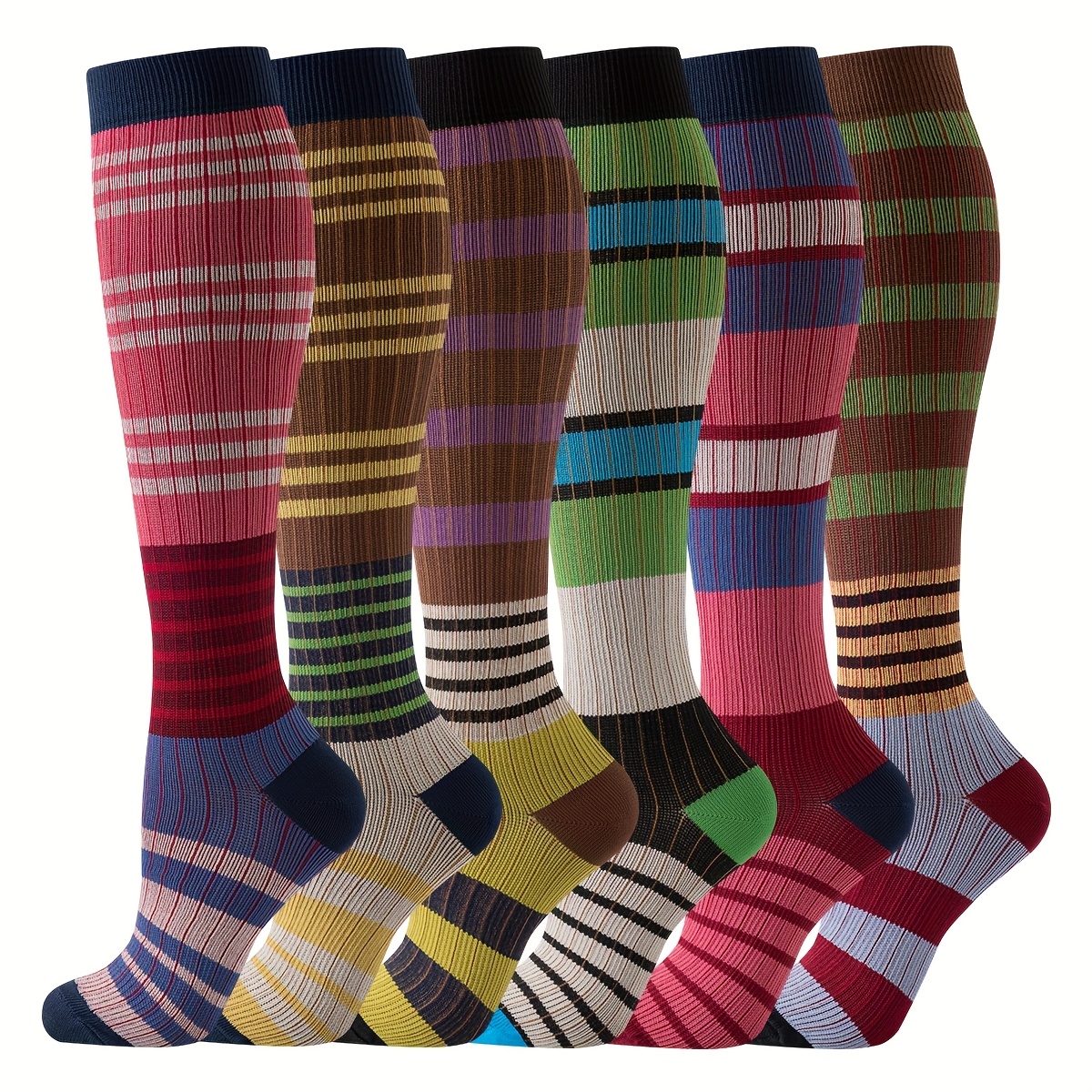 6-Pair Compression Socks - Heavy-Duty Arch &   Options (Brown, Black, Navy, Green, Pink, Red, White, Gray, Blue, Beige, Navy, Red-Black) - Knee-Length Socks for Nurses, Fitness, Running, Cycling, Yoga -   -Themed Striped Design with Elastic Cuff & Ribbed Texture - Ideal for   - Hand Wash Only -   Use - (Polymer), Compression Socks for Women, Winter Socks, Socks for Women High Quality, Plus Size Compression Socks,