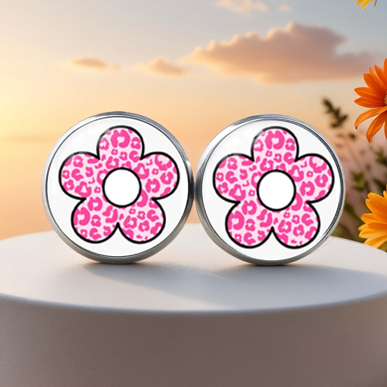 Trendy Cow Print Flower Charm Earrings