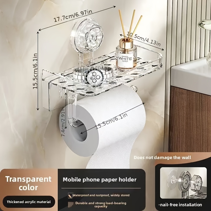 Toilet Mobile Phone Roll Holder Suction Cup No-drill Bathroom Vanity Wall-mounted Tissue Rack