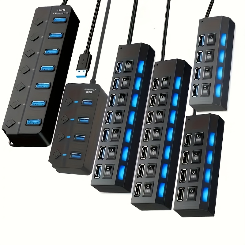 Heavy-Duty 7/4-Port USB 3.0 Hub with LED Switch, High-Speed 5Gbps Transmission, Plug-and-Play, Compact External Power Supply Design, USB-Powered (5V) for MacBook, PC, Laptop, PS5, Xbox, Keyboard, Mouse, USB Flash Drive - Multi-Port Expansion Cable with Blue LED Indicators, USB 3.0/2.0/1.1 Compatible, Durable USB Hub for Gaming & Office Use, USB Hub with LED Indicator, USB Hub for Laptop, USB C Hub, Portable Design, Usb Expansion Cord, Usb Enhanced Controller, Xbox Controller, USB-Powered, Laptop