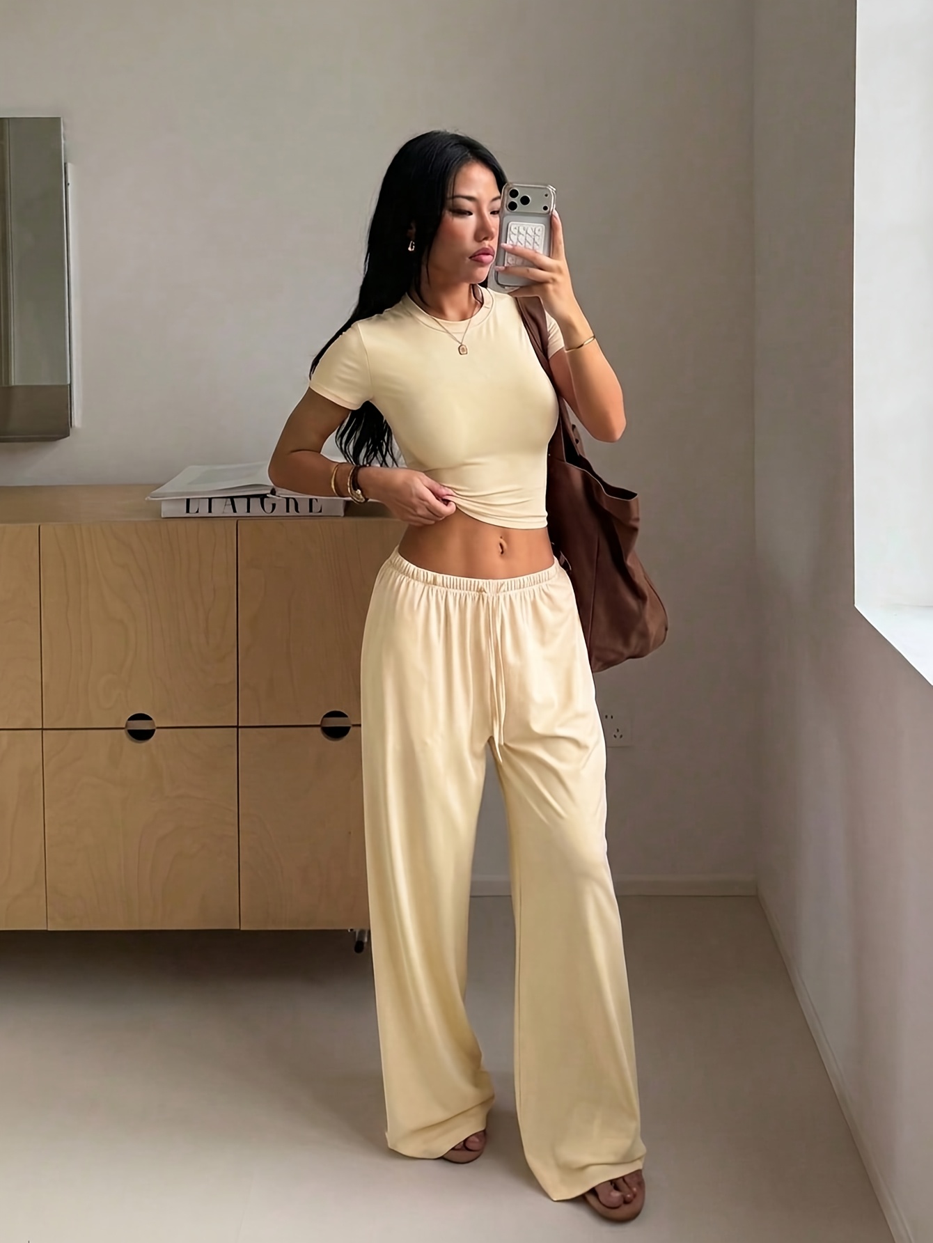Casual Women'S Athletic Set, Easy Short Sleeve Top And Flowy Wide-Leg Pants 2pcs Outfit, Yoga, Pilates, Daily Exercise,