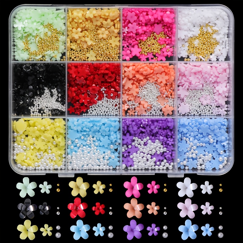 Image of 1500pcs Colorful Mini Flower Nail Charms Decoration Supplies, 3d Acrylic Floral Nail Art With Golden Silvery Nail Caviar Beads Unscented Nail Decoration Accessories For And Diy Crafts