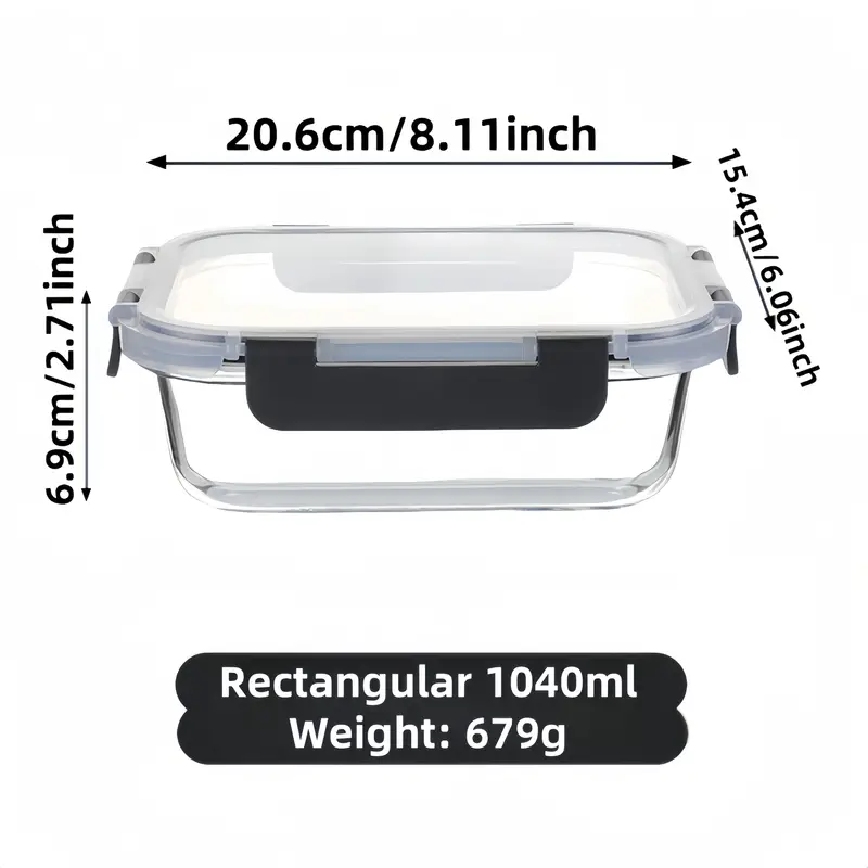1pc transparent lid rectangular 1040ml with sealed lid high borosilicate thickened glass food storage container leak proof microwave oven and freezer safe built in silicone ring with four sided locking double sealing airtight lid stackable reusable no electricity integrated design easy to clean dead use suitable for home and travel takeaway lunch box Product details 1