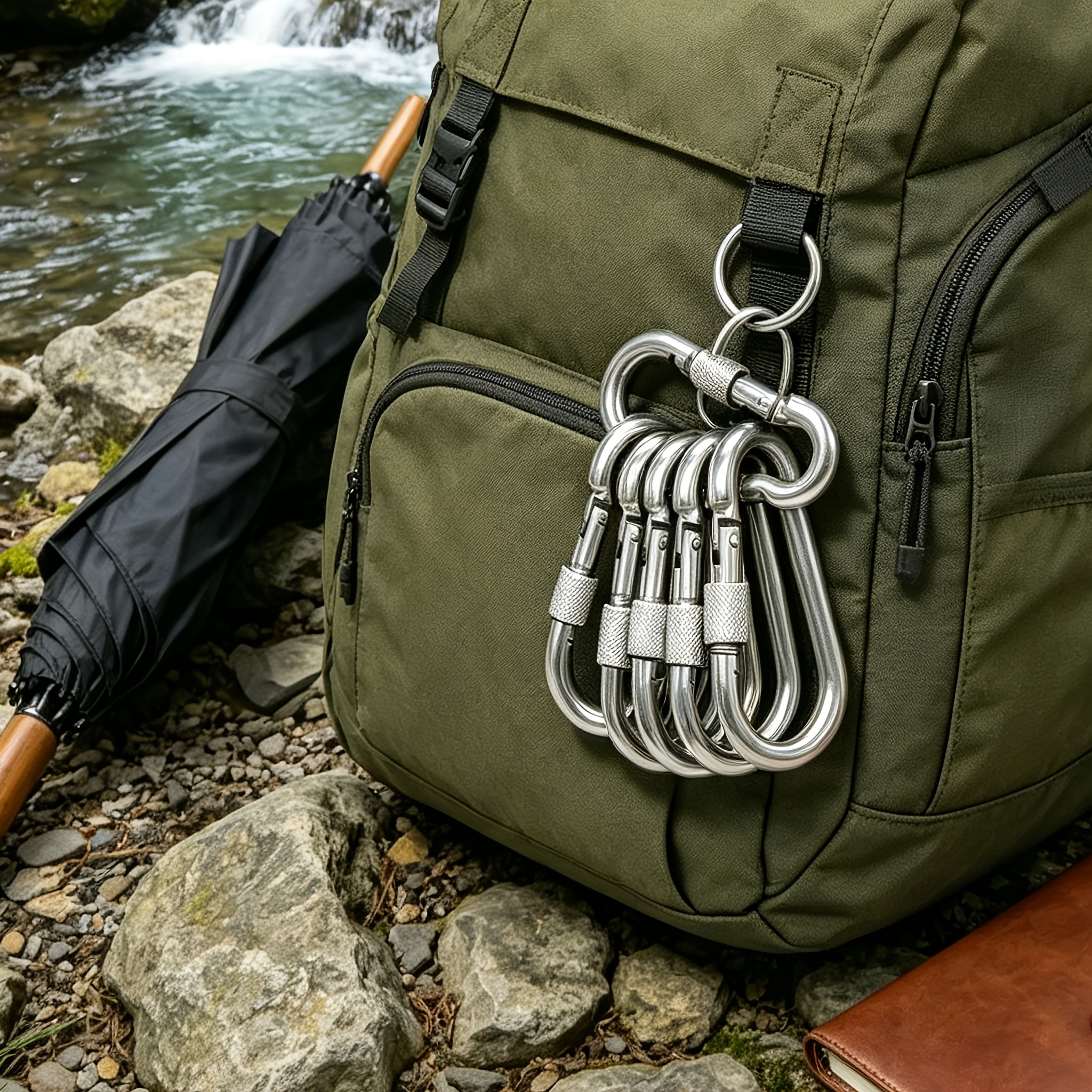 TEMU 6pcs Stainless Steel Spring Snap Hooks - 304 Heavy-duty Winged Screw Locking Carabiners With Secure Locking Mechanism, Durable Metal Clips For
