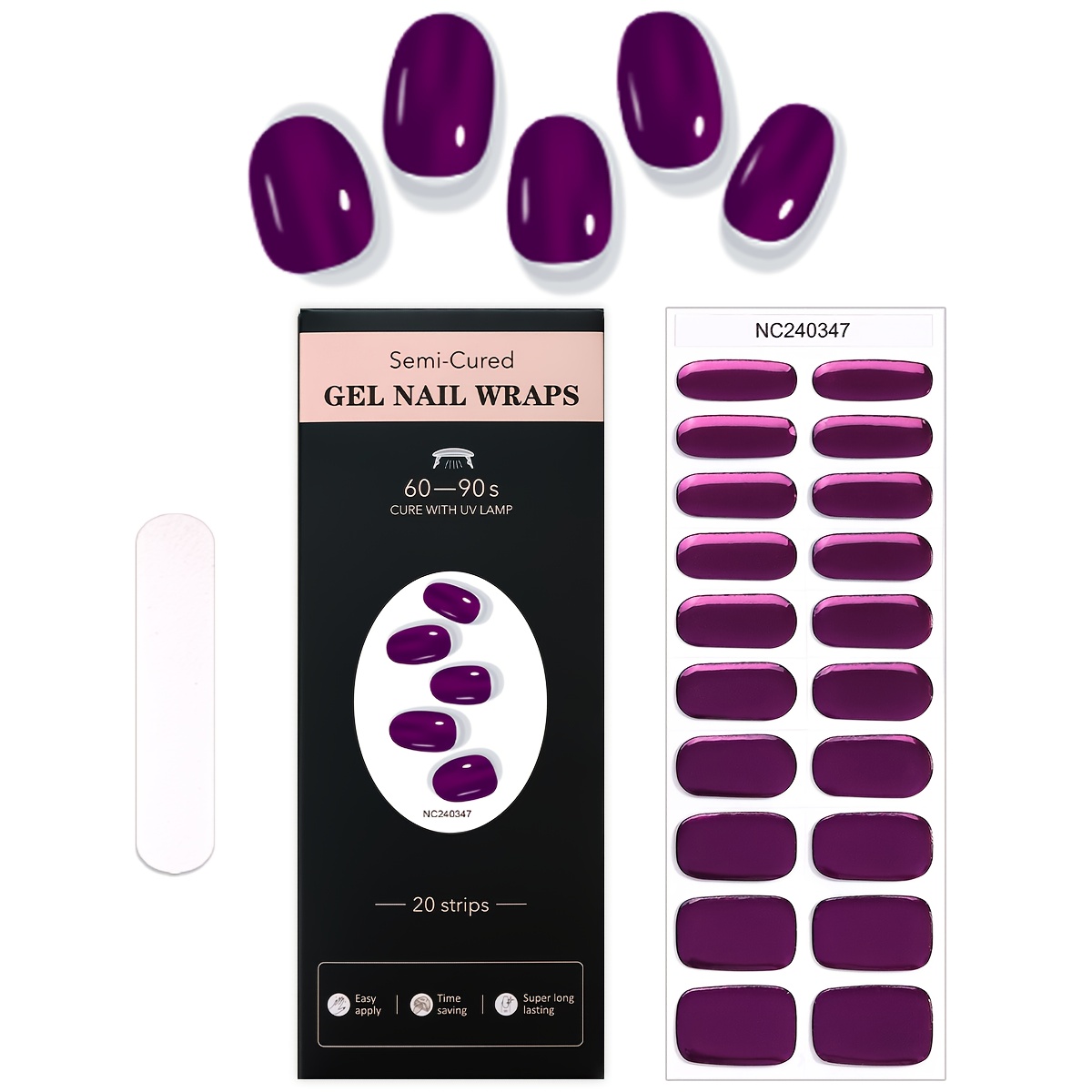 Image of Set Of 20pcs Semi-cured Gel Nail Wraps, Fashionable Mysterious Purple Nail Stickers, Mirror Purple Design, Long-lasting Sparkle, , Ladies And Festival Essential Nail Supplies
