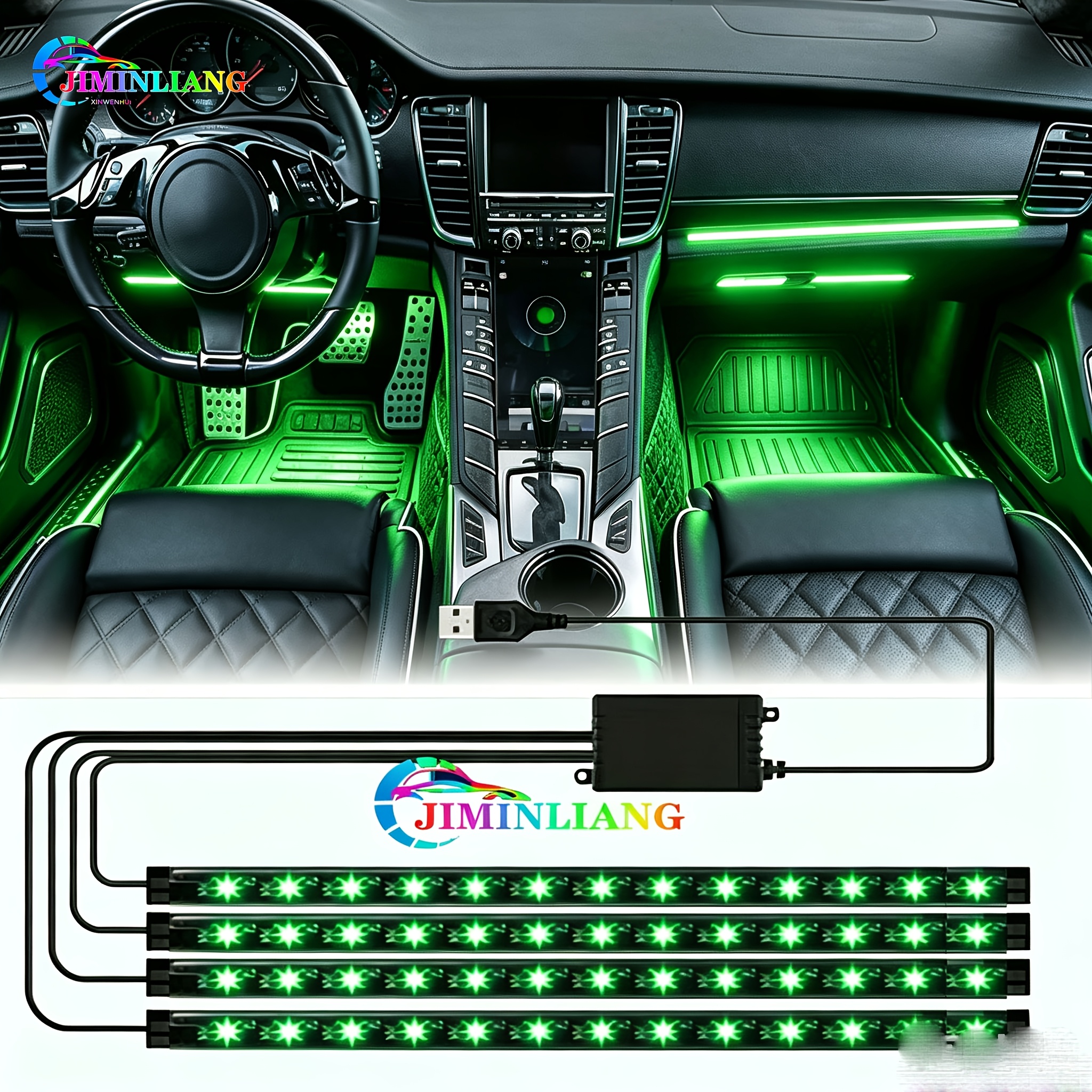 TEMU 4in 1 Car Led Strip Light, 52 Led Rgb Car Interior Ambient Lights Under Dash Lighting Kit With Change And Usb Port, Wireless Control, Neon Car