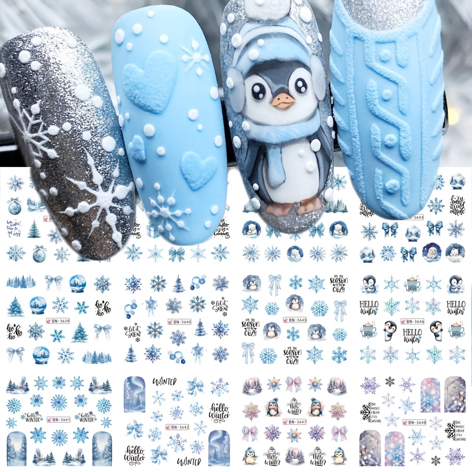 Image of 12 Designs Winter Nail Sticker Snowflake Cedar Trees Jungle Penguins Cute Cartoon Design Sliders Blue Blue Snowy Atmosphere Water Transfer Decal Charm Diy Nail Decoration
