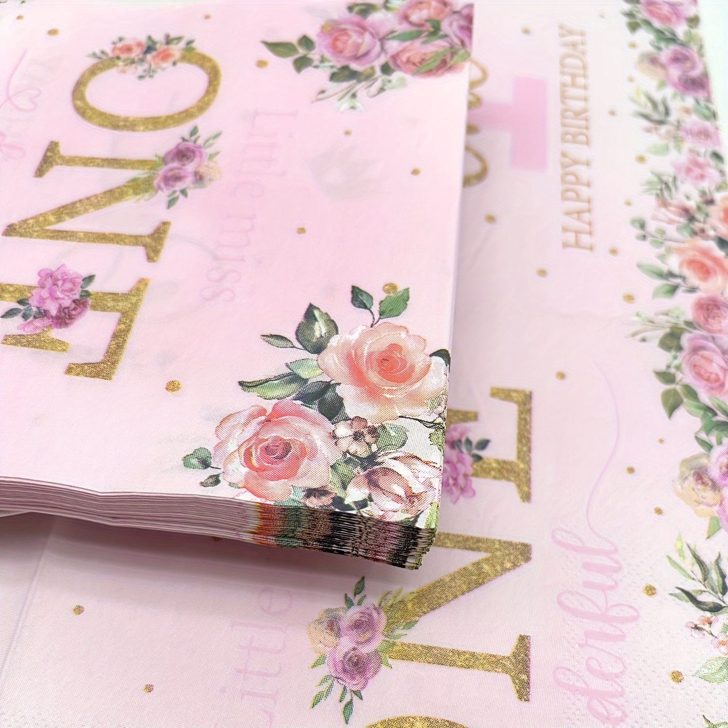 TEMU 1 Pack/20 Sheets, 1 Year Old Girl Birthday Printed Napkins, Birthday Party Themed Napkins, Pink Floral Disposable Double Layer Colored Napkins,