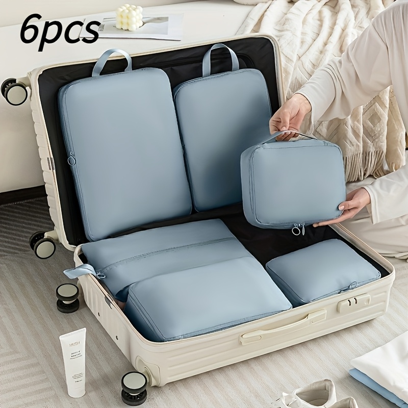 Image of 6pcs Compression Packaging Cube - Durable Polyester Fiber, Lightweight Travel Organizer, Organizer For Suitcase And Clothing Sorting, 6 Different Size Bags For Separate Storage