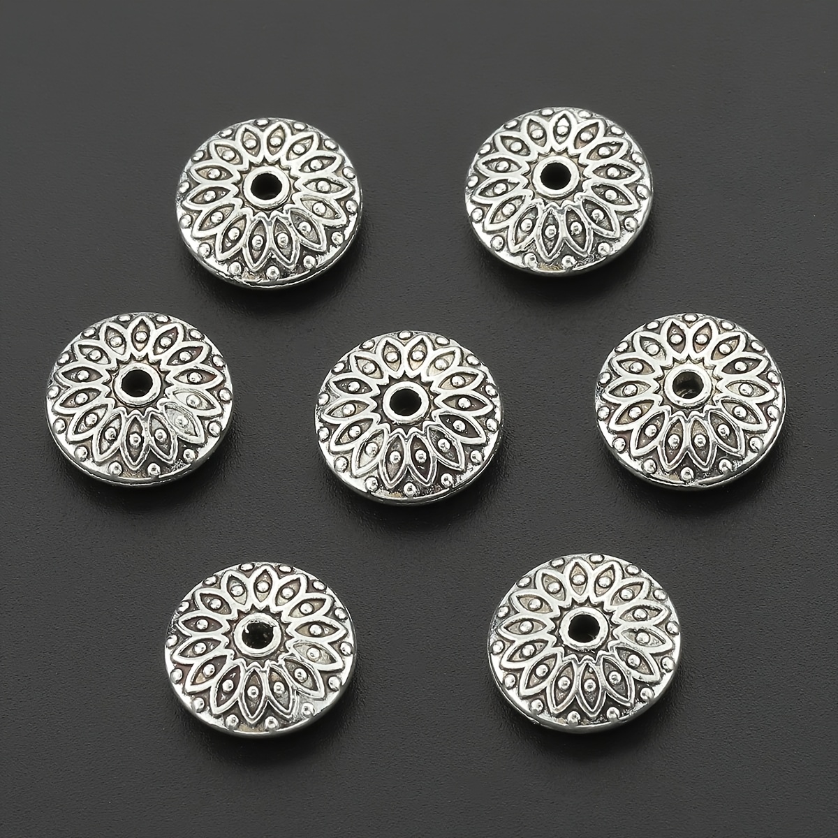 TEMU 20 pièces de perles rondes à motif floral double face, perles rondes à points pour lotus vintage en alliage avec trou droit, perles plates UFO