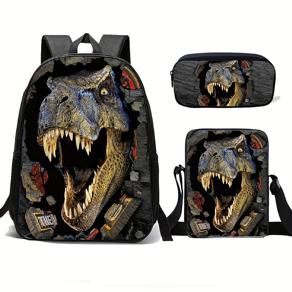 TEMU Durable Polyester Dinosaur Backpack Set With Crossbody Bag And Pencil Case, Adjustable Straps, Lightweight, Zip Closure - 3pcs