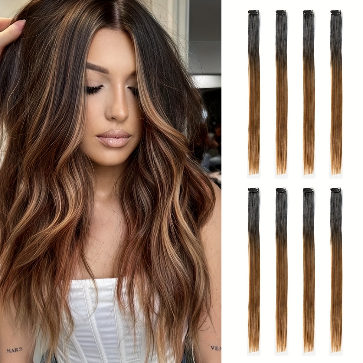 E-shop 8-teiliges Set Clip-In Haarverlängerungen in Blau, Grau, Rot, , mehrfarbigem Farbverlauf, 20 Zoll lange gerade synthetische Haarspangen,