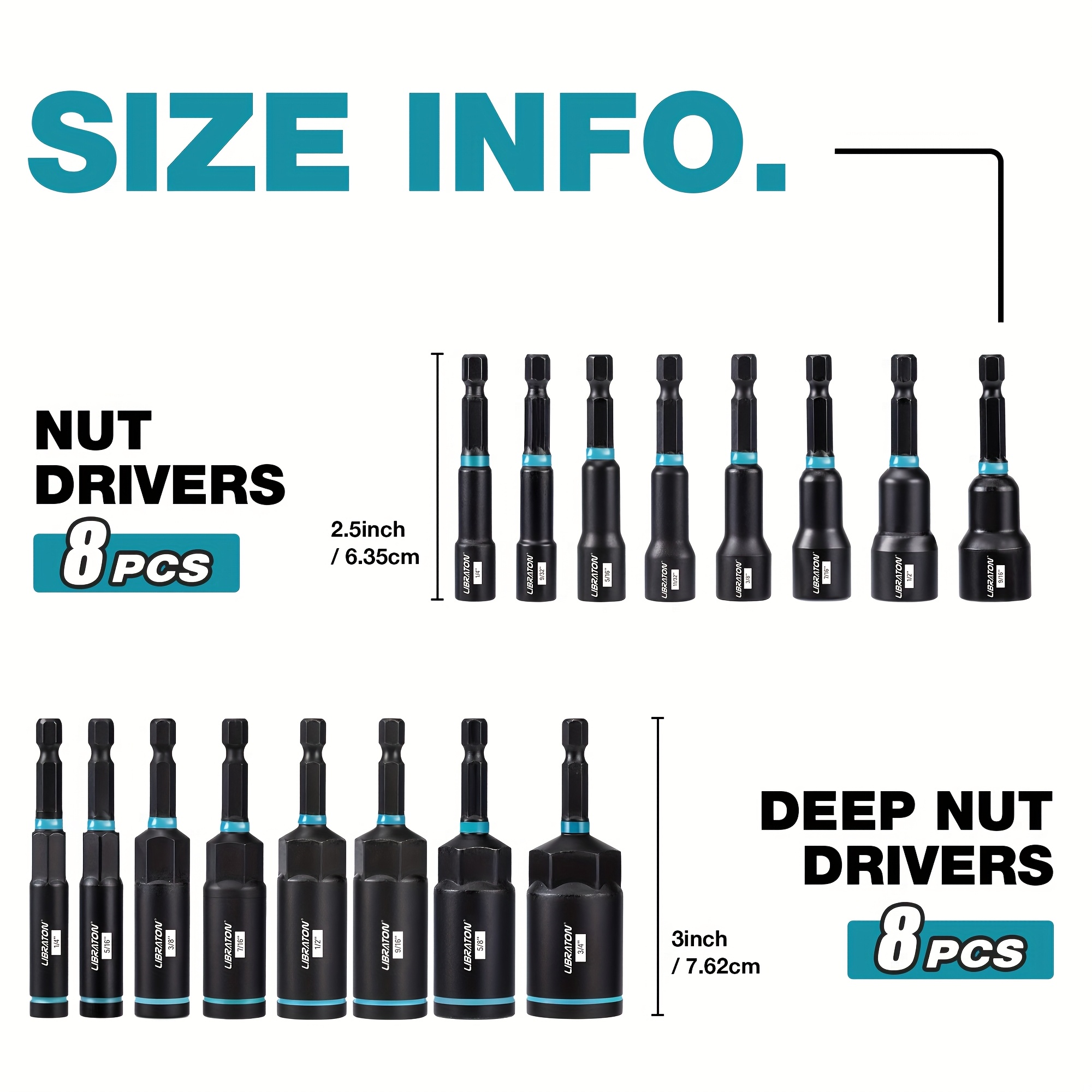 Juego de 16 piezas de desarmadores magnéticos y profundos para tuercas LIBRATON, de 1/4" a 9/16" y de 1/4" a 4/3" (3 pulgadas de largo), con vástago de 1/4" para cambio rápido, ideal para espacios reducidos, compatible con taladros de impacto - Imagen 2