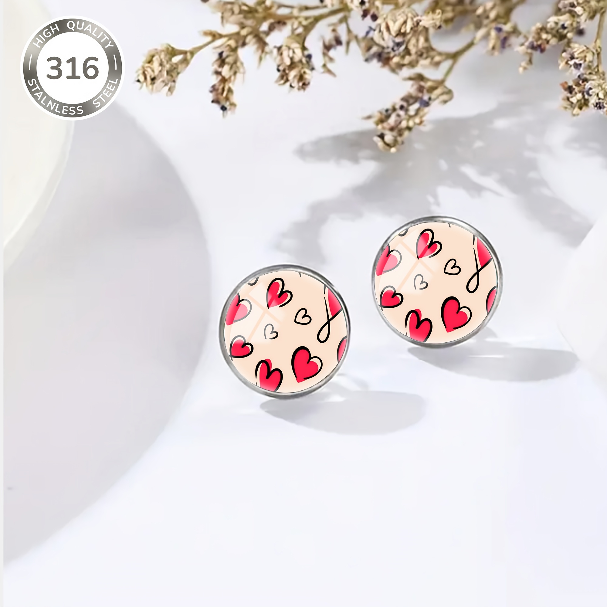 Hand-painted Red Heart Pattern Stud Earrings, Stainless Steel