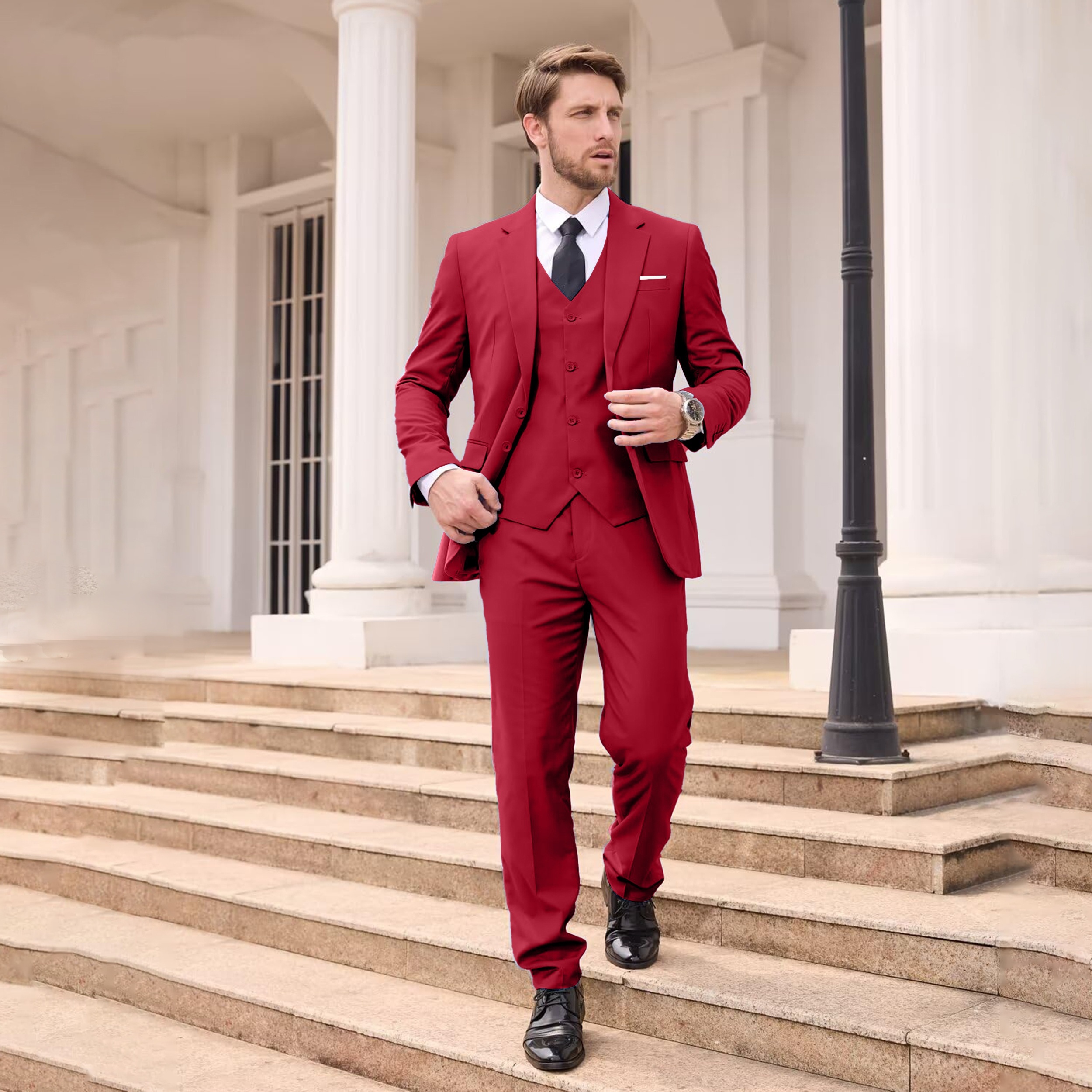 *'s Suit 3pcs Light Burgundy Jacket Vest Pant Fit Suit Set Two Buttons  Business Solid Suits Suitable for Wedding Ceremony XS-3XL