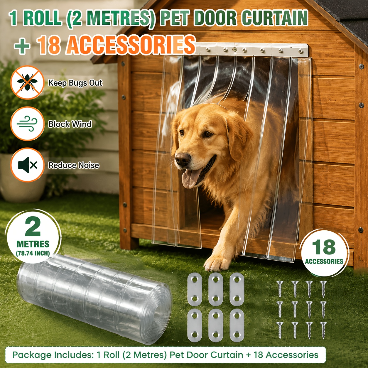TEMU Pet Door Curtain For Cats And Dogs, 2 Meters (78.7 Inches) × 18cm (7 Inches), Includes 18 Metal Accessories, Transparent Strip Curtain,